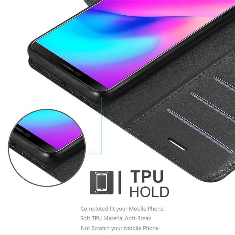 Custodia nera per telefono, mostra il telefono con un'etichetta TPU HOLD, vestibilità perfetta.