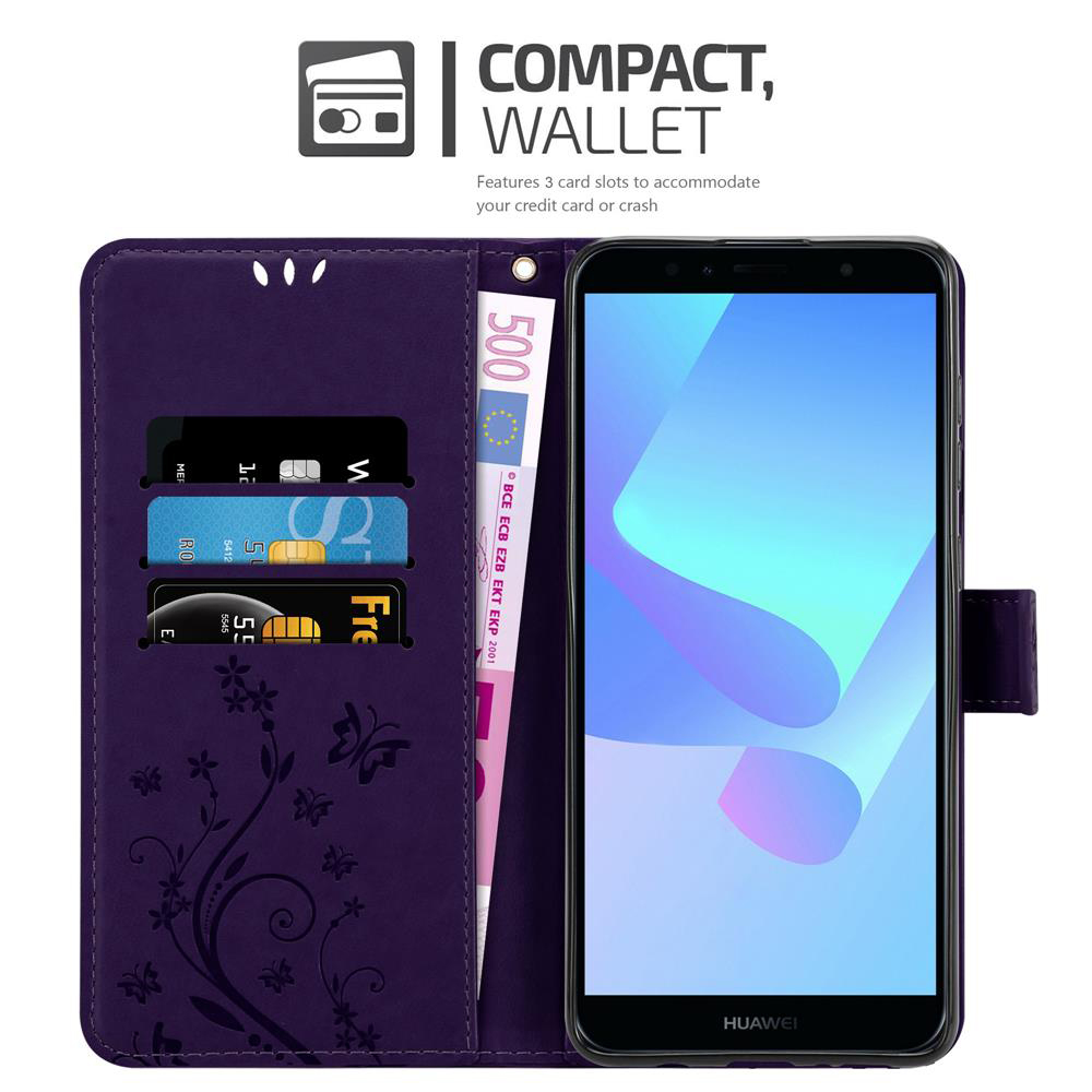 Una custodia viola con design floreale, aperta per mostrare telefono, carte e banconota.