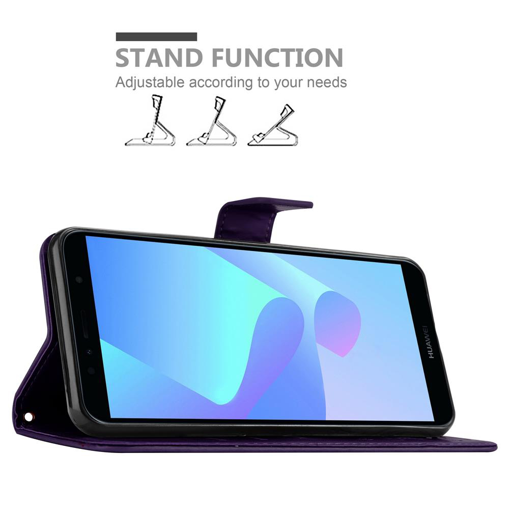 Telefono Huawei in custodia a portafoglio viola, con funzione supporto regolabile.