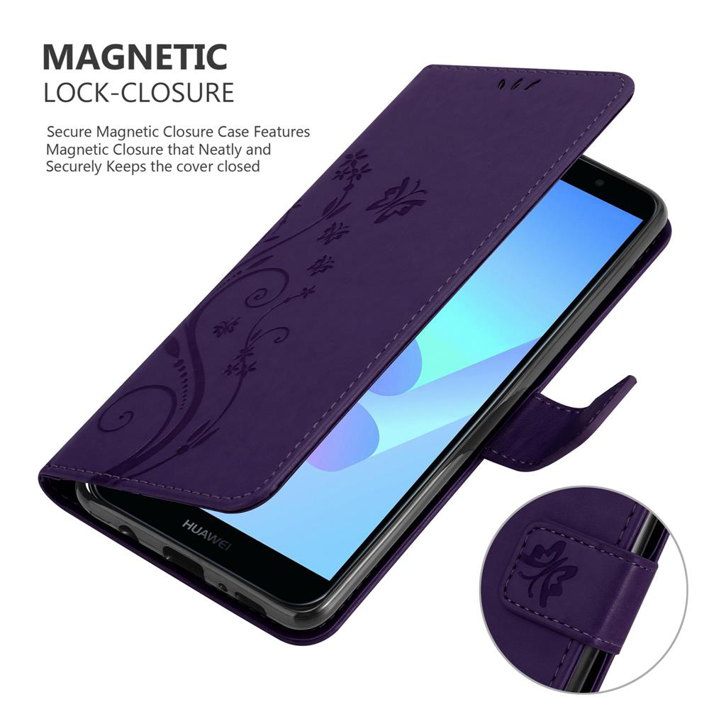 Una custodia per telefono viola con design floreale e chiusura magnetica, aperta per rivelare il telefono all'interno.