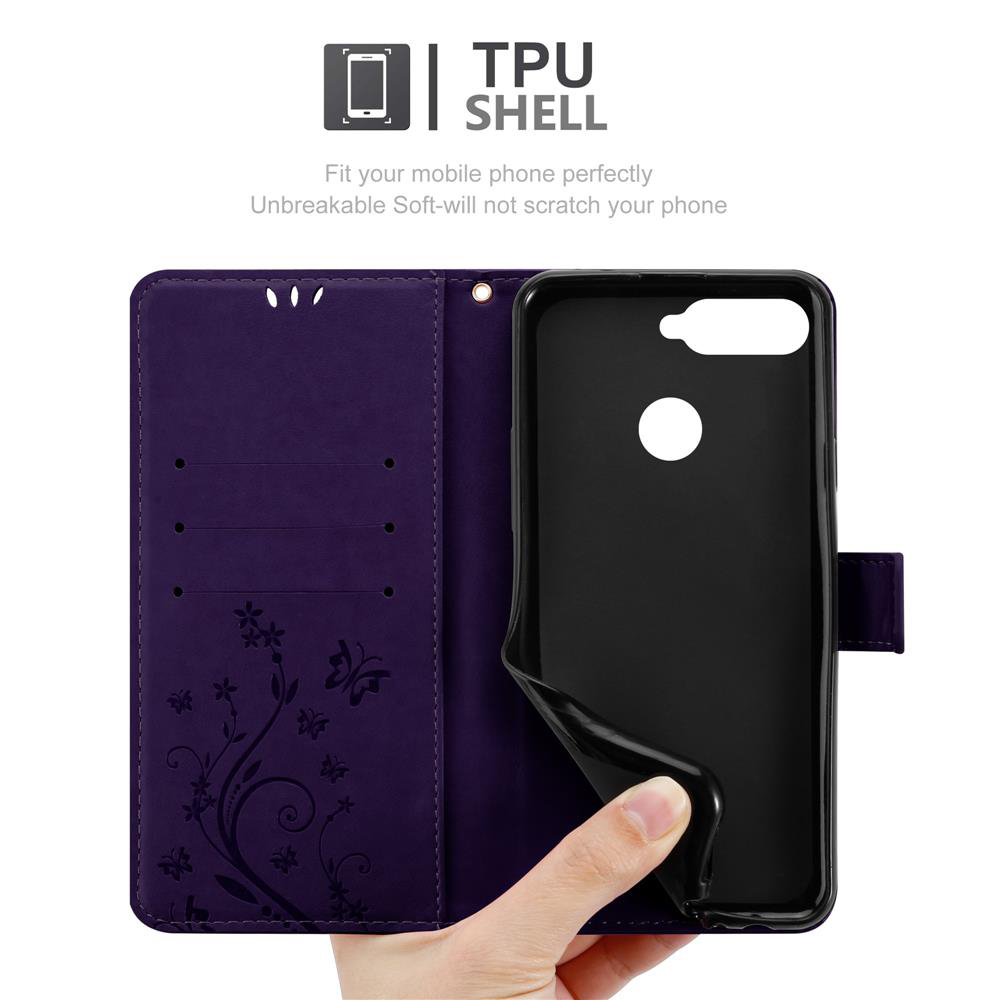 Una custodia per telefono viola aperta, che mostra una custodia per telefono e l'interno. La custodia è decorata con un motivo floreale.