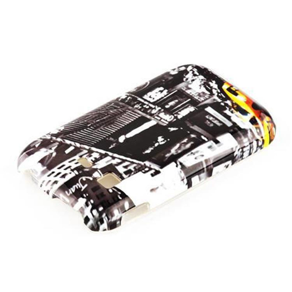 Custodia per telefono con un design di paesaggio urbano. La custodia ha una combinazione di colori bianco e nero.