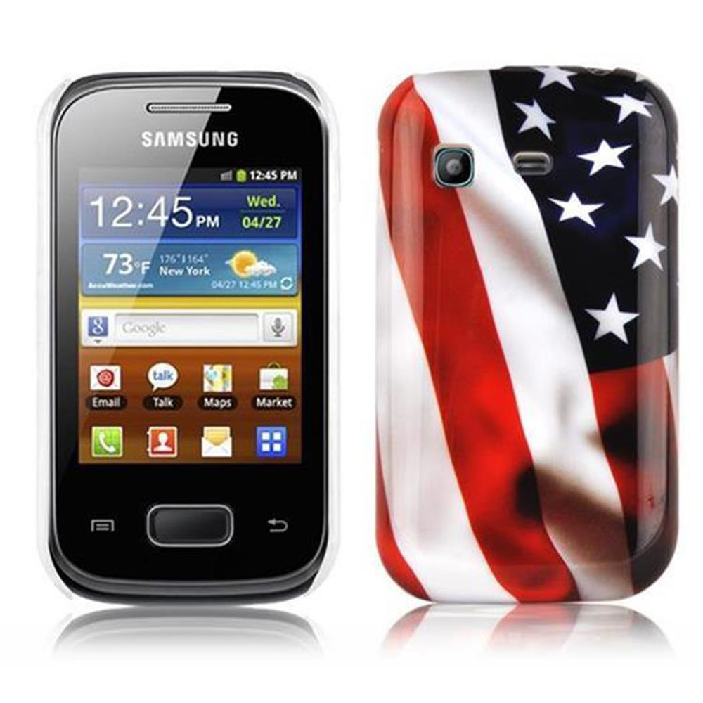 Un telefono con custodia con un design a bandiera americana su sfondo bianco.