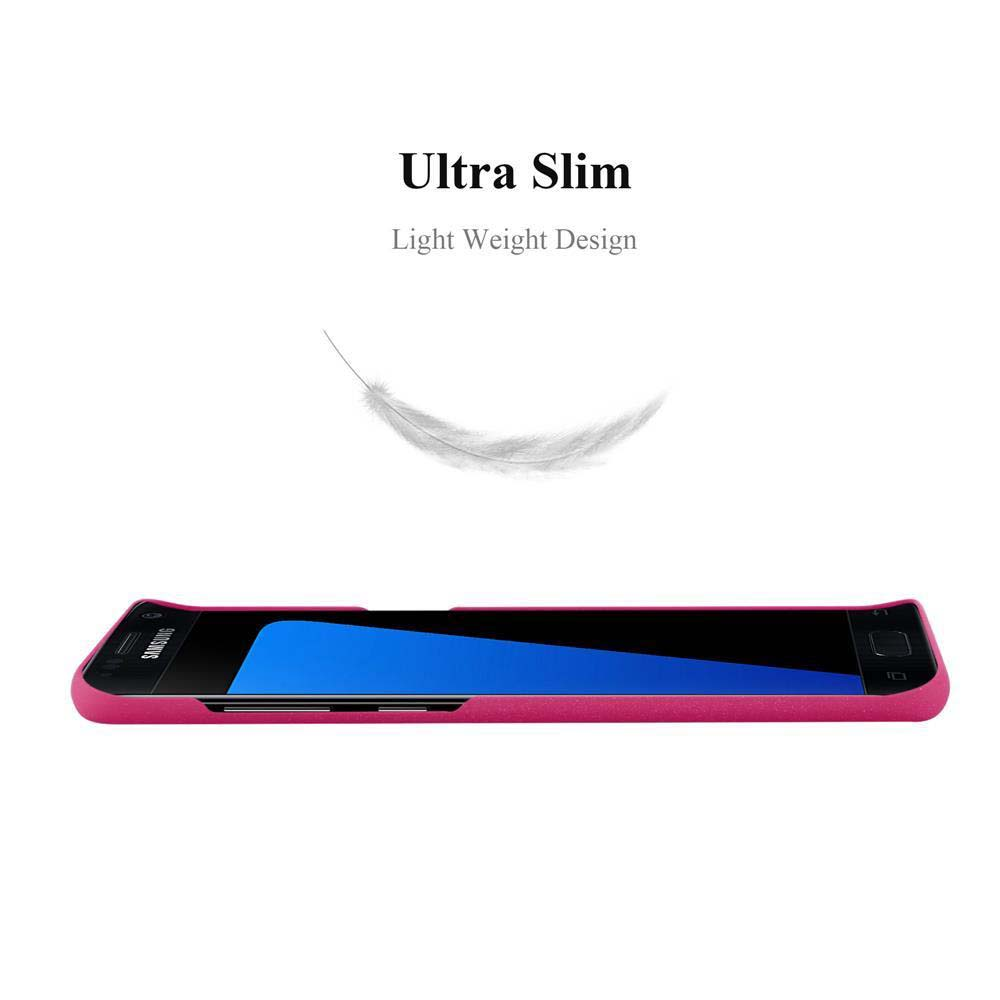 Teléfono rosa en funda rosa. Gráfico de pluma blanca. Texto: Ultra Slim, Light Weight Design.