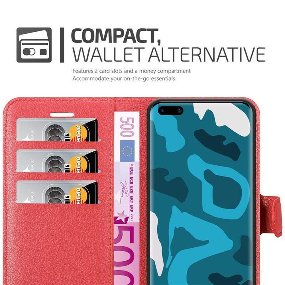 Rote Handy-Geldbörsenhülle offen mit Telefon, Karten und Geld. Text: Compact, Wallet Alternative.
