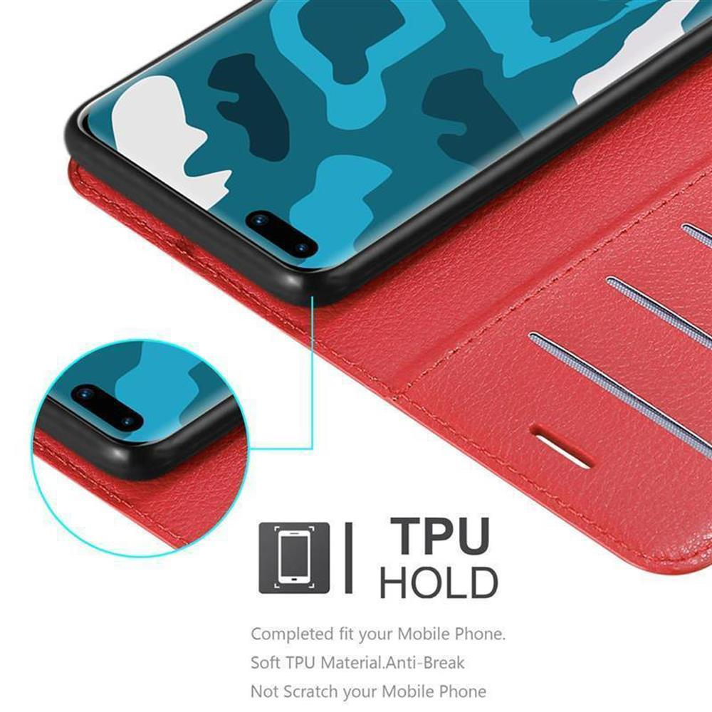 Eine rote Handyhülle mit einem Telefon darin. Der Fall hat Text, der „TPU HOLD“ sagt.