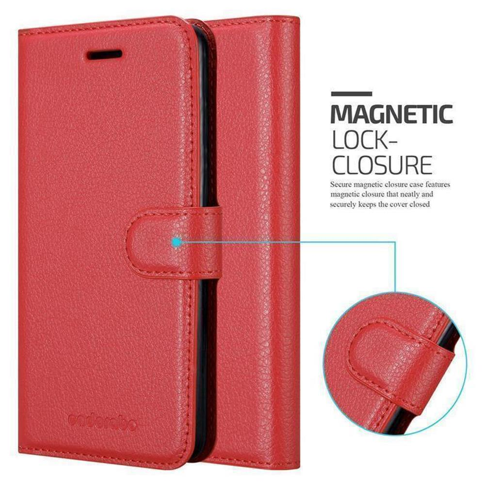 Custodia per telefono in pelle rossa con chiusura magnetica. Testo: Chiusura magnetica. Sicuro.