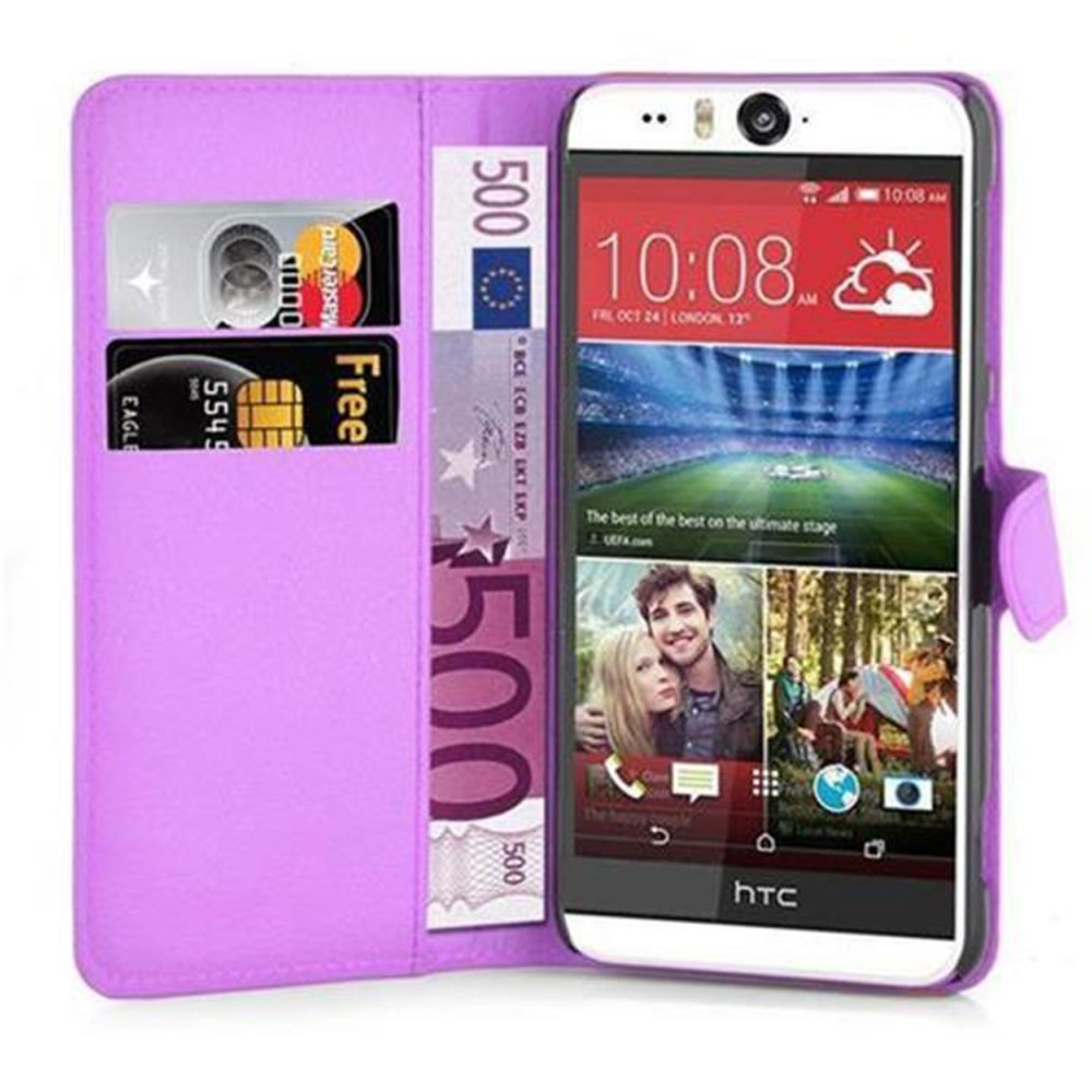 Un telefono in una custodia a portafoglio viola con carte, soldi e un display.