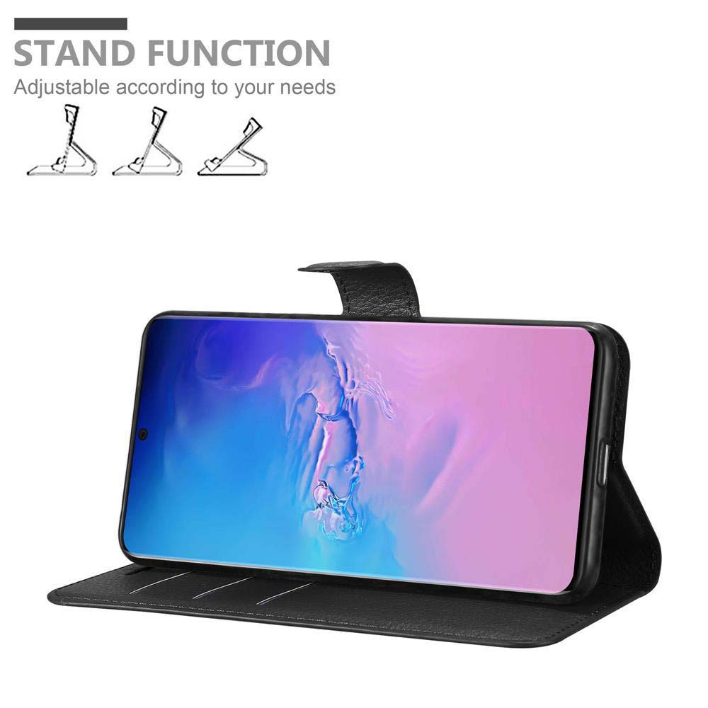 Custodia nera con telefono all'interno, che mostra uno schermo rosa e viola. La custodia può essere usata come supporto.