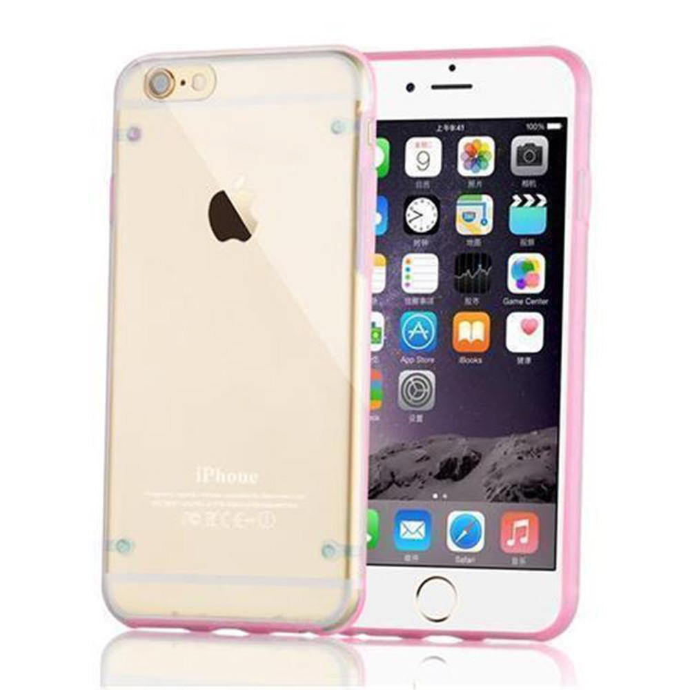 Un teléfono en una funda transparente con un marco rosa. El iPhone es visible con sus aplicaciones.