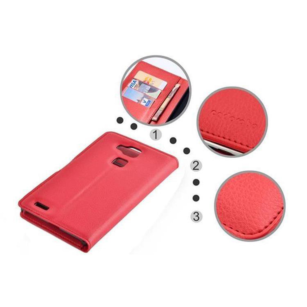 Una custodia per telefono rossa con ritagli. La custodia è mostrata da diverse angolazioni, con dettagli evidenziati.