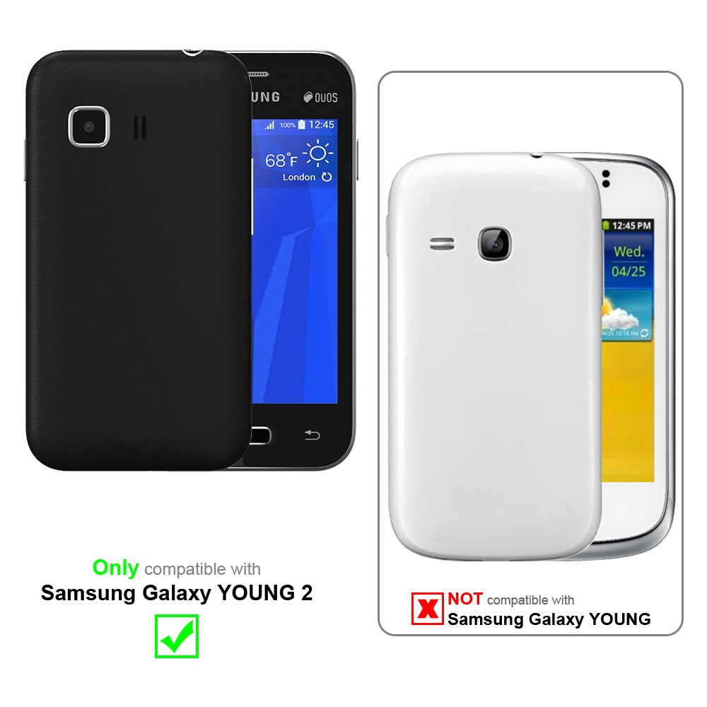 Due telefoni: una custodia nera a sinistra, una custodia bianca a destra, entrambe per Samsung Galaxy Young 2.