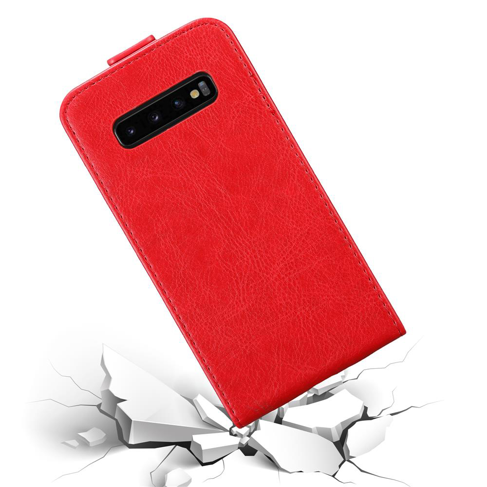 Rote Handyhülle mit Telefon, zerbrochener Boden darunter.