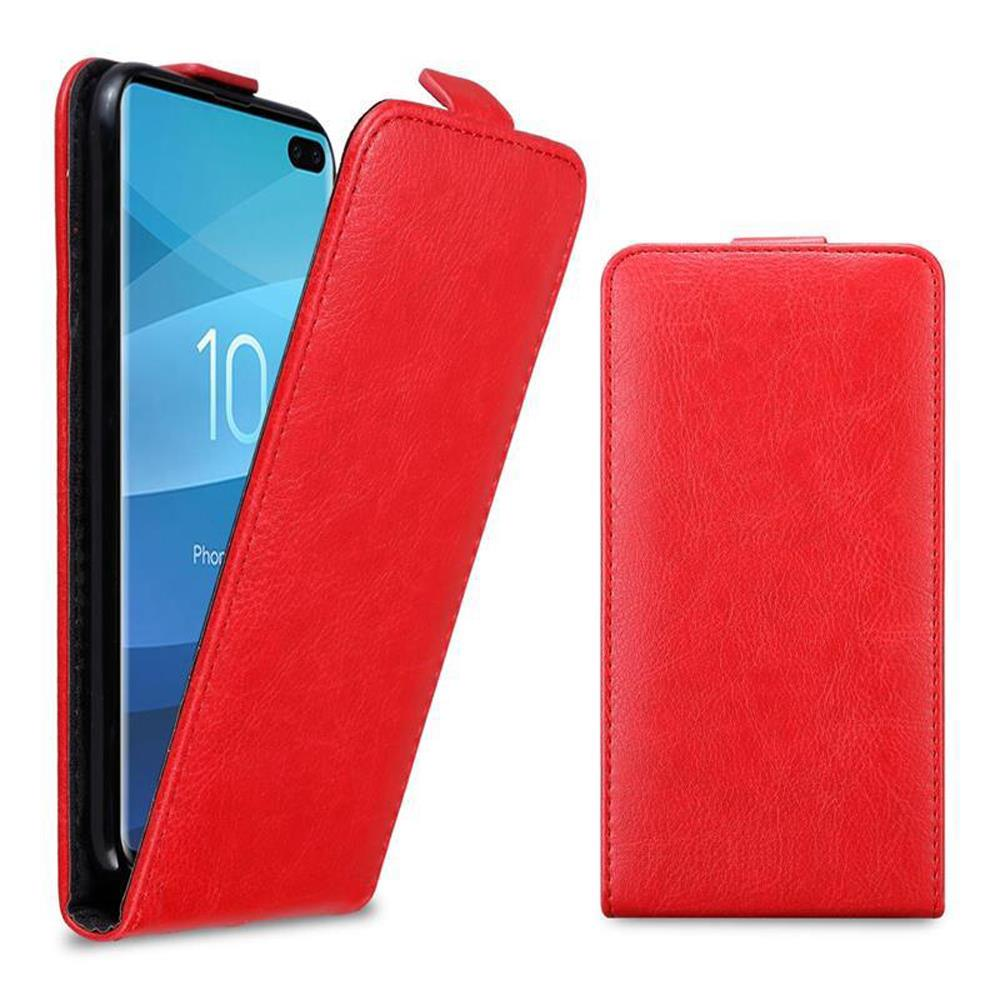Eine rote Handyhülle, zeigt das Telefon darin und die offene Hülle mit dem Telefon links.