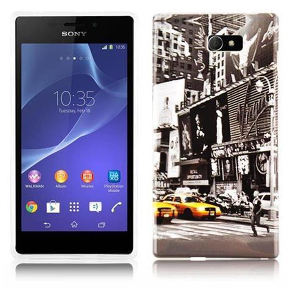 Ein Sony-Smartphone mit einer Stadtszene auf der Rückseite. Die Vorderseite zeigt App-Symbole.