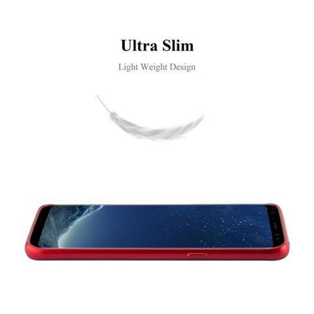 Ein rotes Telefon in einer roten Hülle. Das Telefon liegt flach, mit einer Feder darüber, auf weißem Hintergrund.