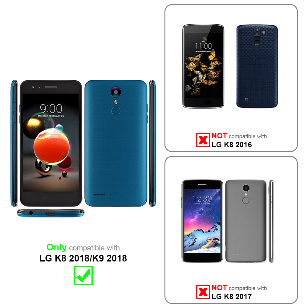 Comparación de teléfonos: un teléfono azul compatible con LG K8 2018/K9 2018 y dos teléfonos no compatibles con LG K8 2016/2017.