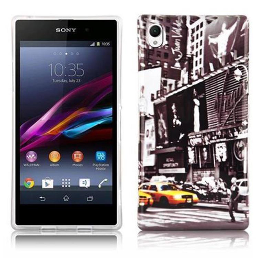 Smartphone con custodia che mostra una scena di New York City. Sfondo bianco.