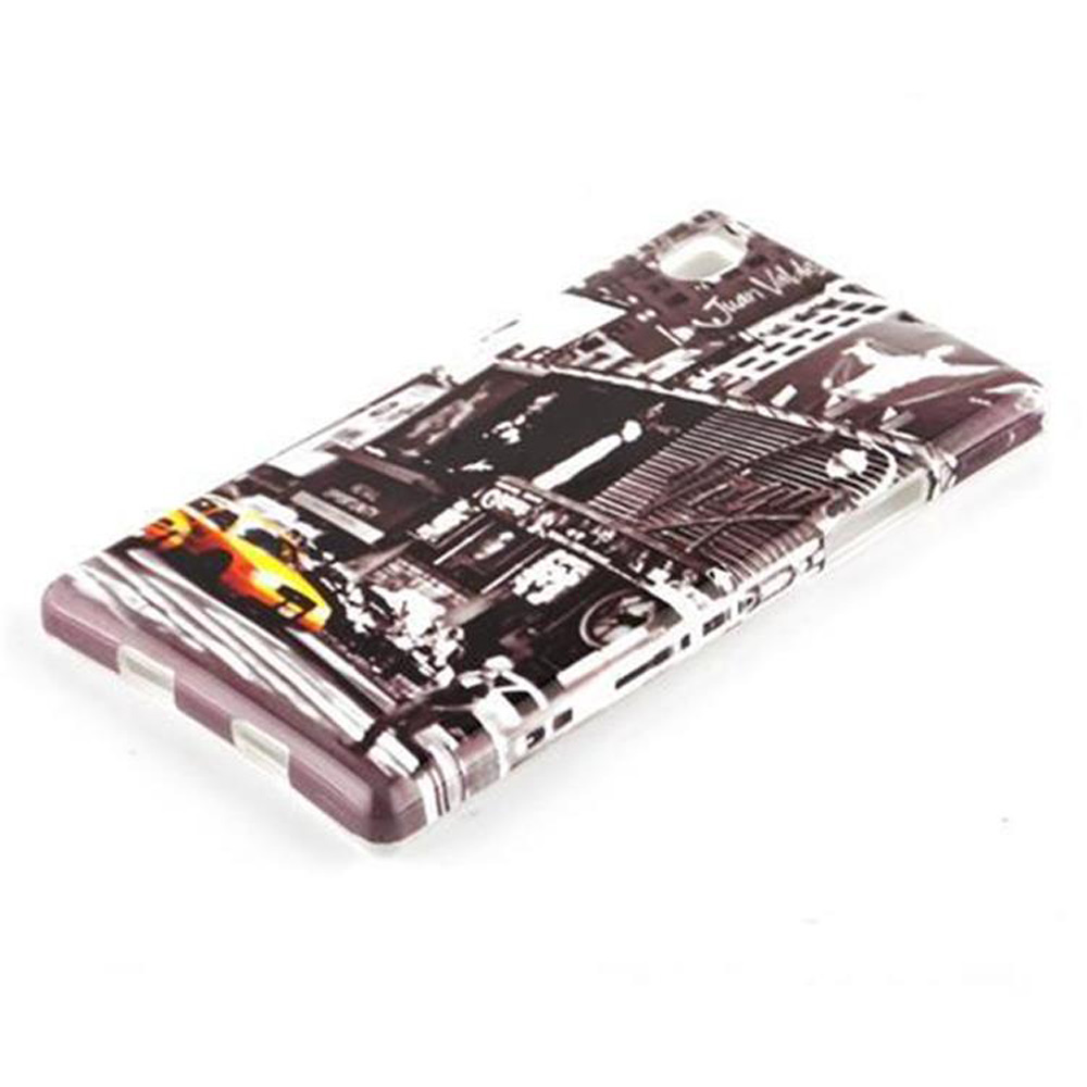 Custodia del telefono con un design di scena urbana. La custodia è angolata.