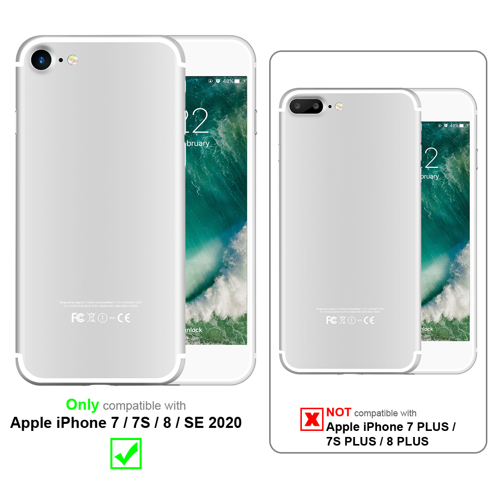 Zwei Handyhüllen, eine kompatibel und eine inkompatibel mit einem iPhone, mit Etiketten.