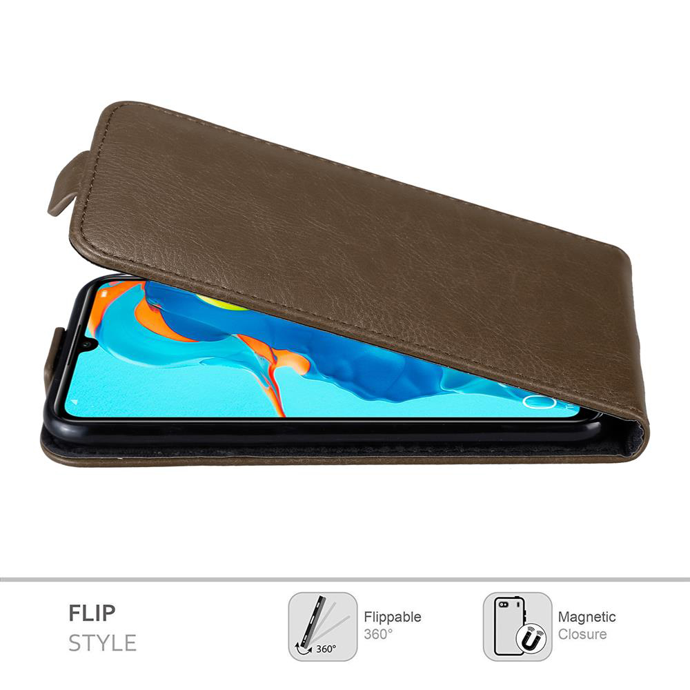 Geöffnete braune Handyhülle mit Telefon. Der Bildschirm zeigt ein blaues Bild.
