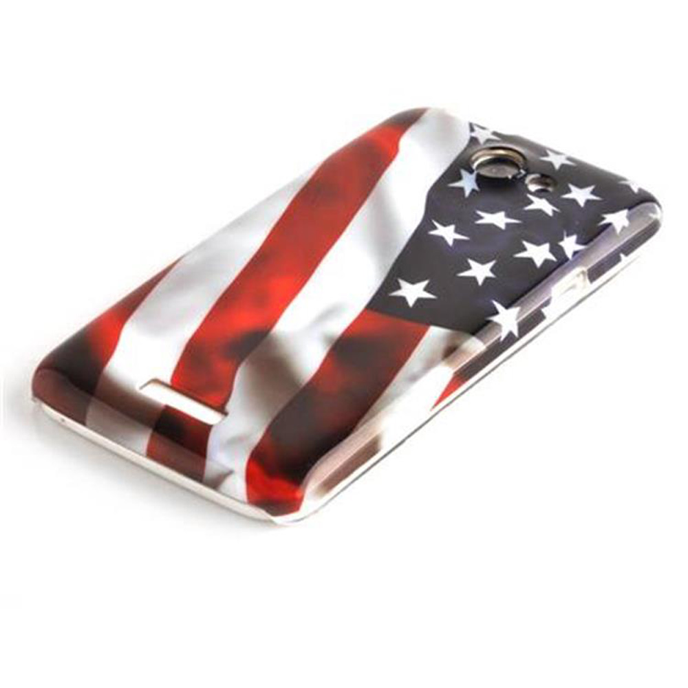 Una custodia per telefono con il design della bandiera americana. Colori rosso, bianco e blu. Sfondo bianco.
