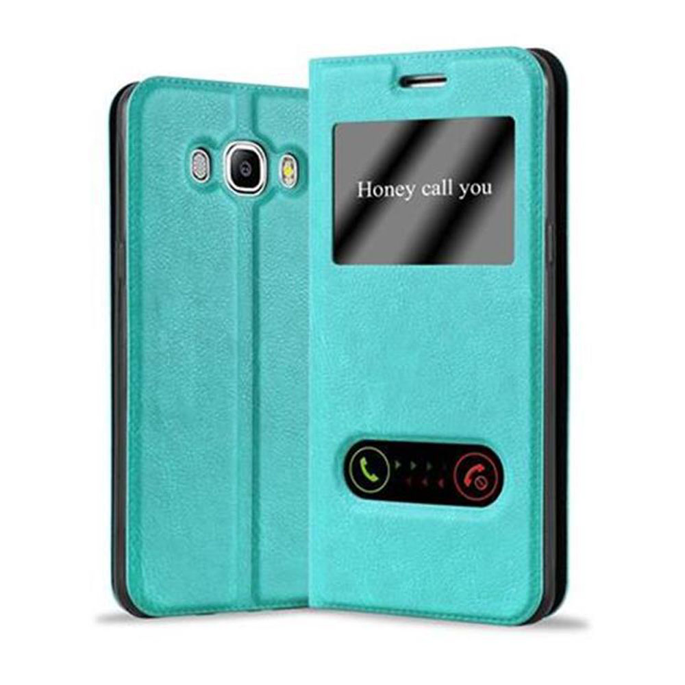 Una funda de teléfono verde azulado, abierta, que muestra una pantalla de teléfono con las palabras 'Honey call you'.