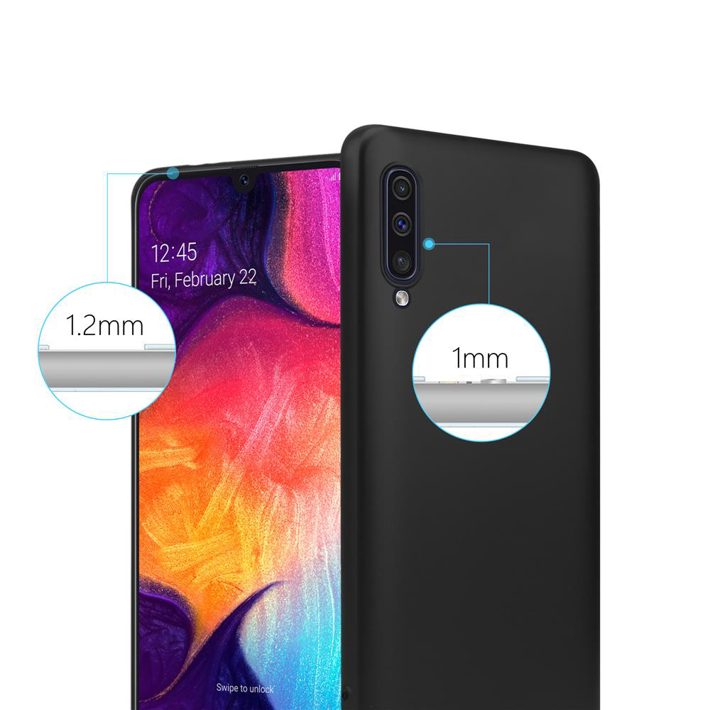 Schwarzes Telefon mit schwarzer Hülle, zeigt Kantendicke-Details, Zeit und Datum.