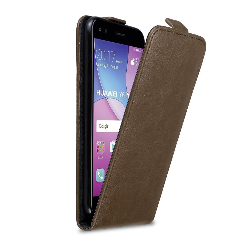 Un telefono con una cover marrone dal design a ribalta.