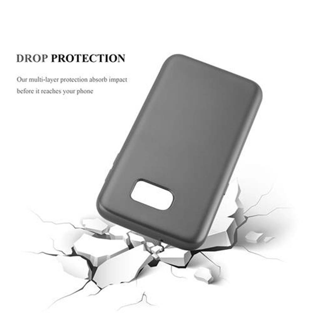 Graue Handyhülle fällt auf zerbrochenen Boden. Text oben: 'DROP PROTECTION'.