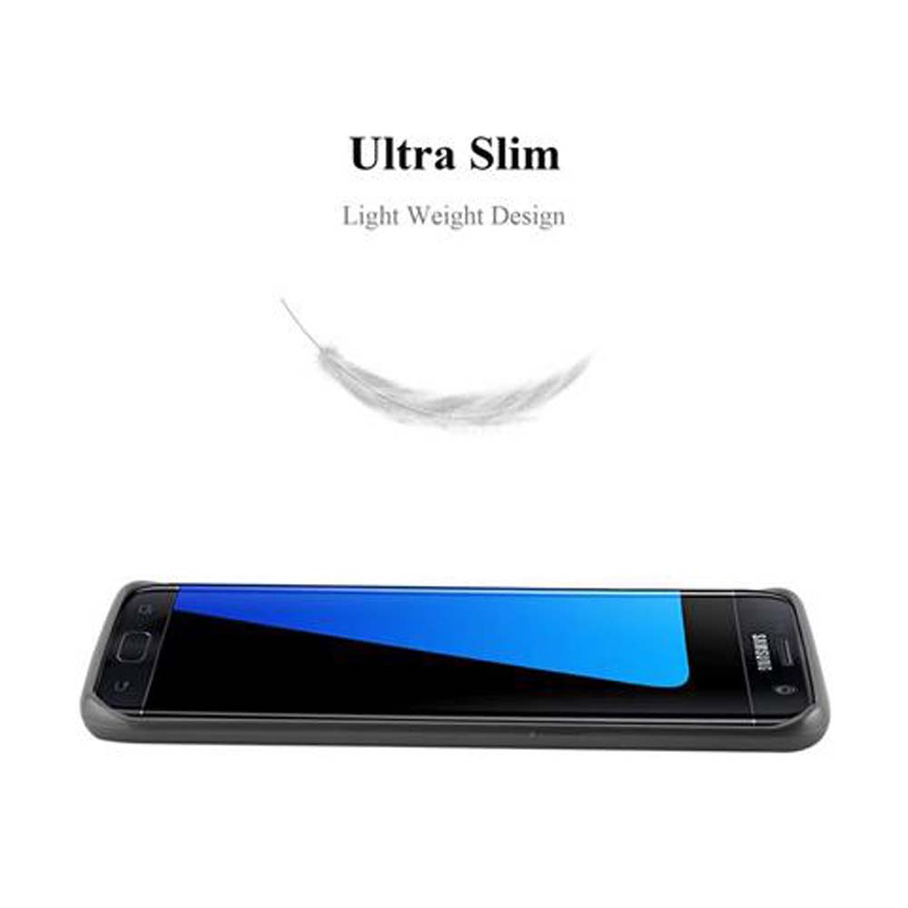 Ein schwarzes Telefon mit blauem Bildschirm, platziert auf weißem Hintergrund. Text: Ultra Slim, Light Weight Design und eine Feder.