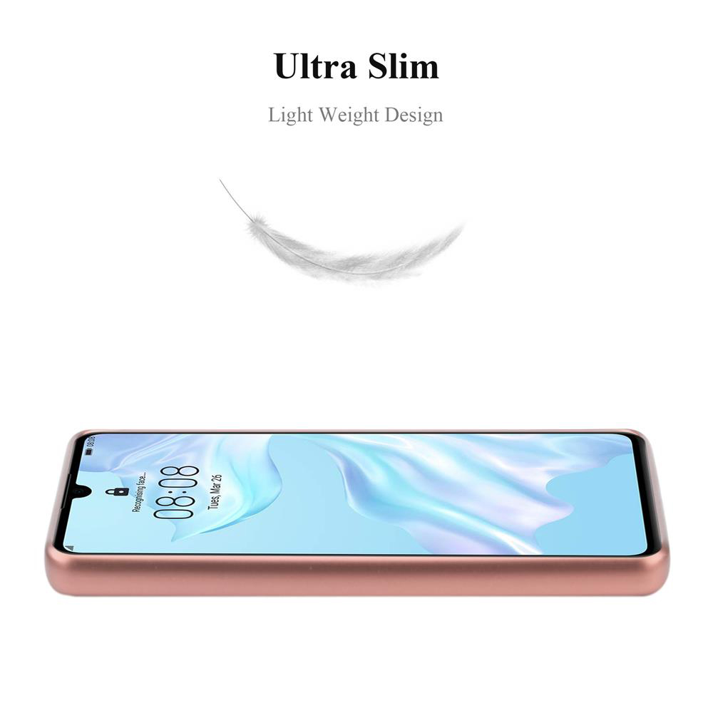 Ein roségoldenes Telefon in einer Hülle, platziert auf einer weißen Oberfläche, mit einer Feder, die darüber schwebt.