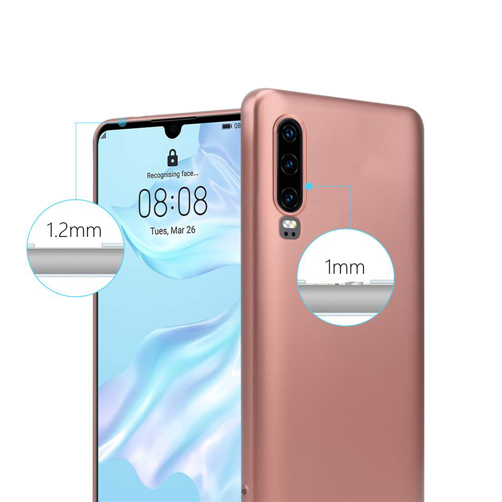 Roségoldene Handyhülle mit Telefon. Zeigt Dickenmessungen. Weißer Hintergrund.