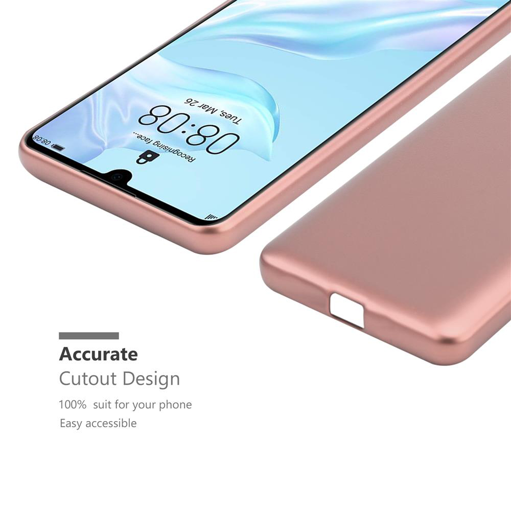 Roségoldene Handyhülle mit Telefon darin. Der Telefonbildschirm zeigt die Uhrzeit 08:08. Text: Präzises Ausschnittdesign.