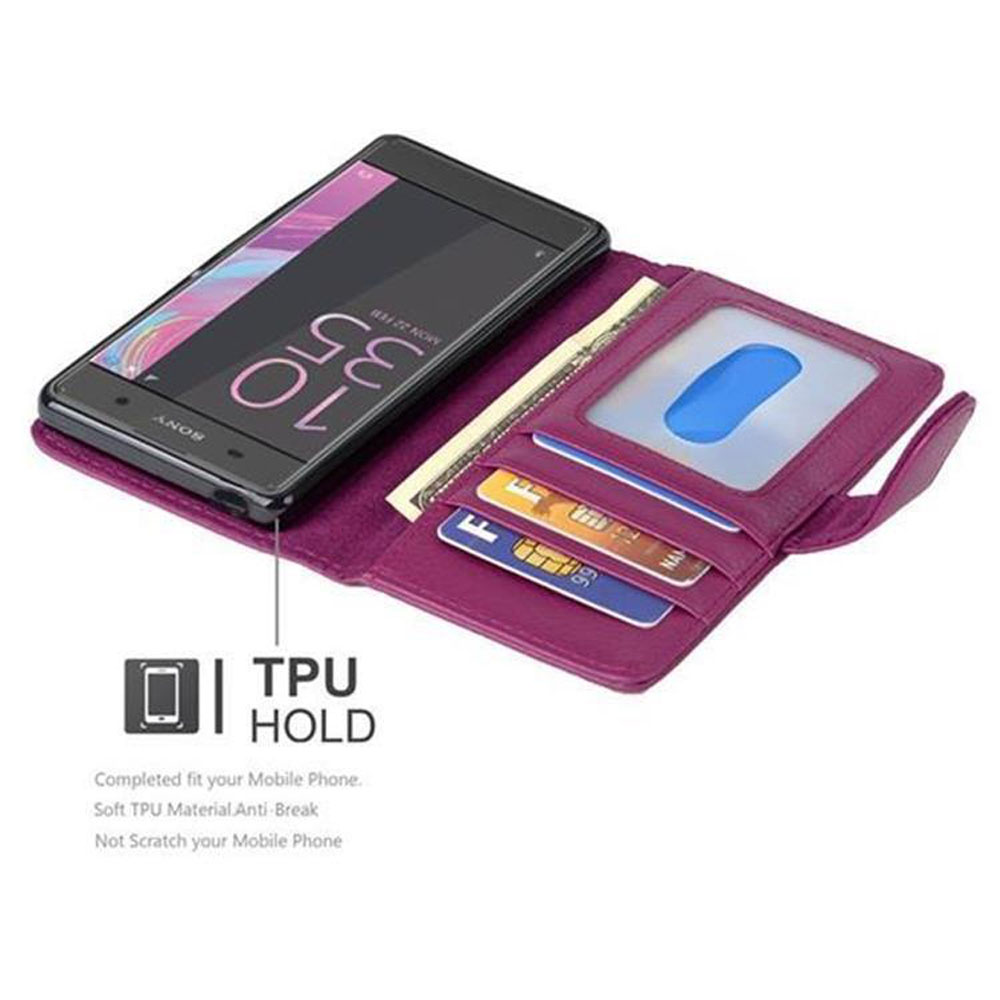 Smartphone in custodia viola con carte. Viene mostrato un logo TPU Hold trasparente.