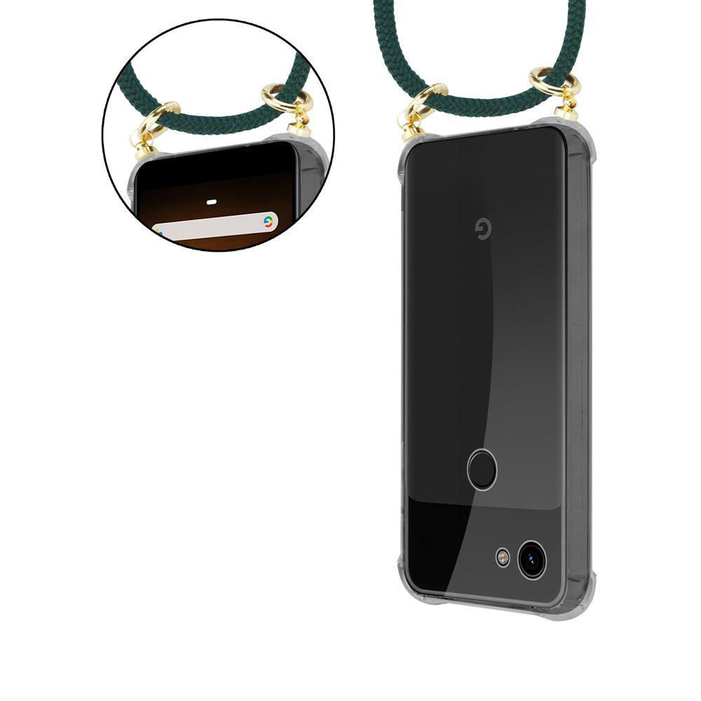 Smartphone con custodia a cordino. Il telefono è nero, la custodia è trasparente con cordino verde, posto su una superficie bianca.