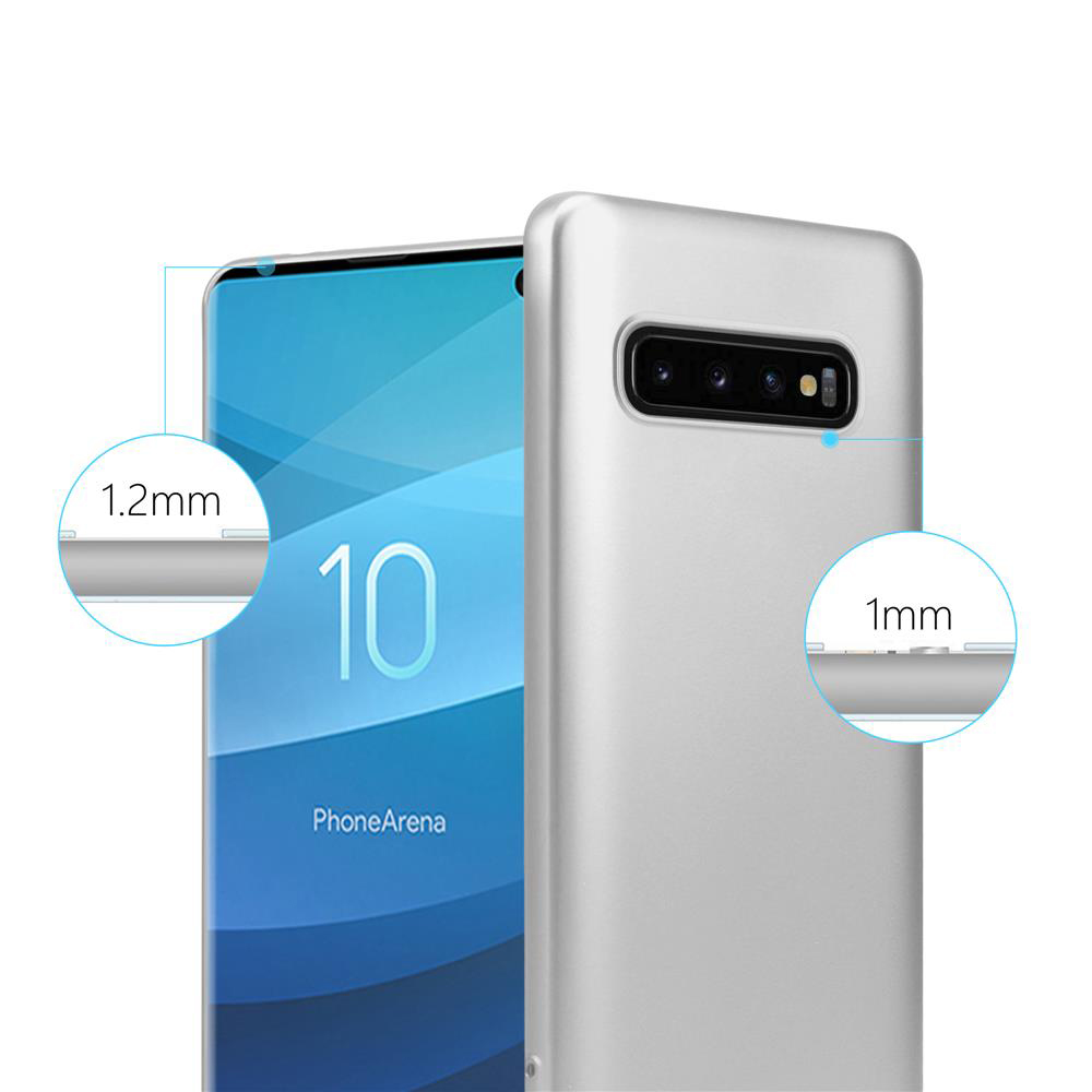 Un telefono accanto a una custodia argentata. Mostra lo spessore della custodia: 1,2 mm e 1 mm, evidenziando la protezione del telefono.