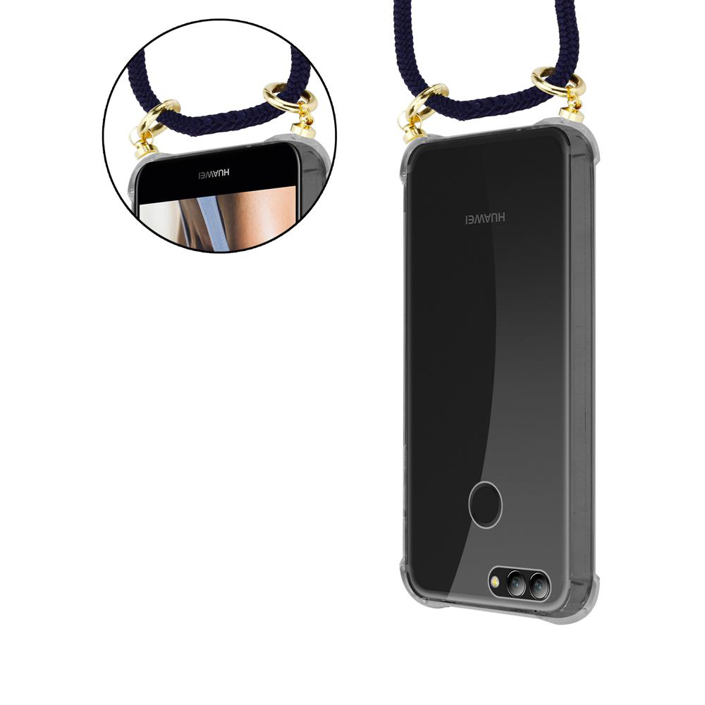 Una custodia per telefono con un cordino blu scuro. Il telefono è in una custodia trasparente.