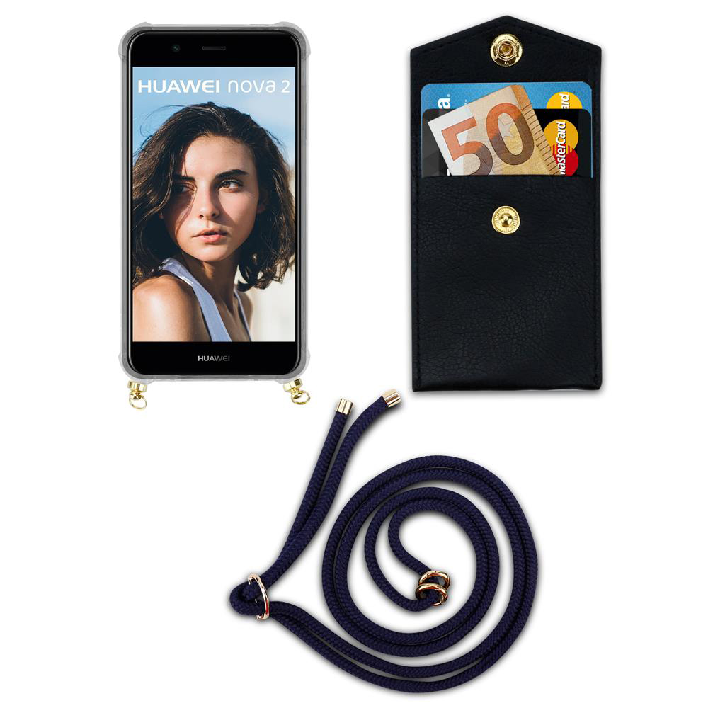 Telefono con volto di donna, portafoglio nero e corda blu navy.