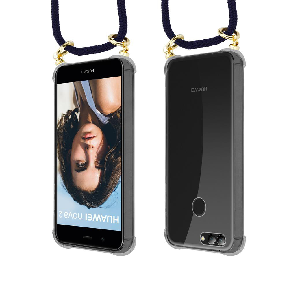 Due telefoni in custodie, uno mostra il volto di una donna. Entrambi hanno un cordino blu scuro.