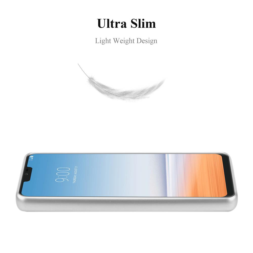 Una custodia per telefono vista di lato, una piuma che fluttua sopra, con la scritta Ultra Slim.