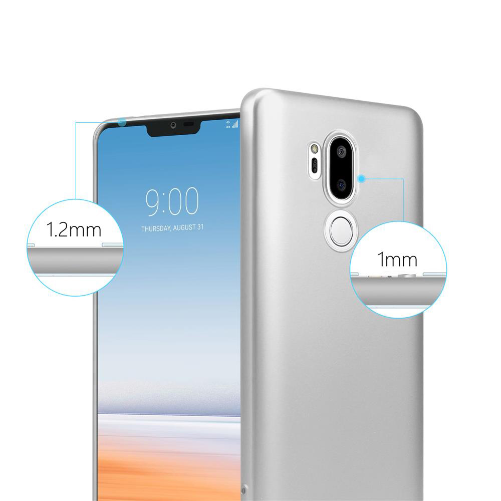 Custodia per telefono argentata sul lato e schermo, con etichette da 1,2 mm e 1 mm. Telefono acceso.