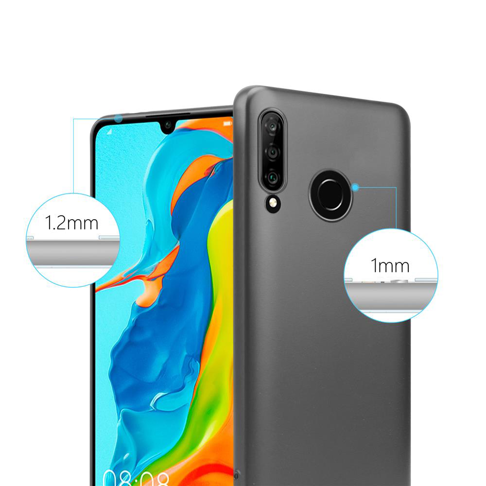 Eine graue Handyhülle mit einem Telefon darin, mit Etiketten, die auf die Dicke zeigen.
