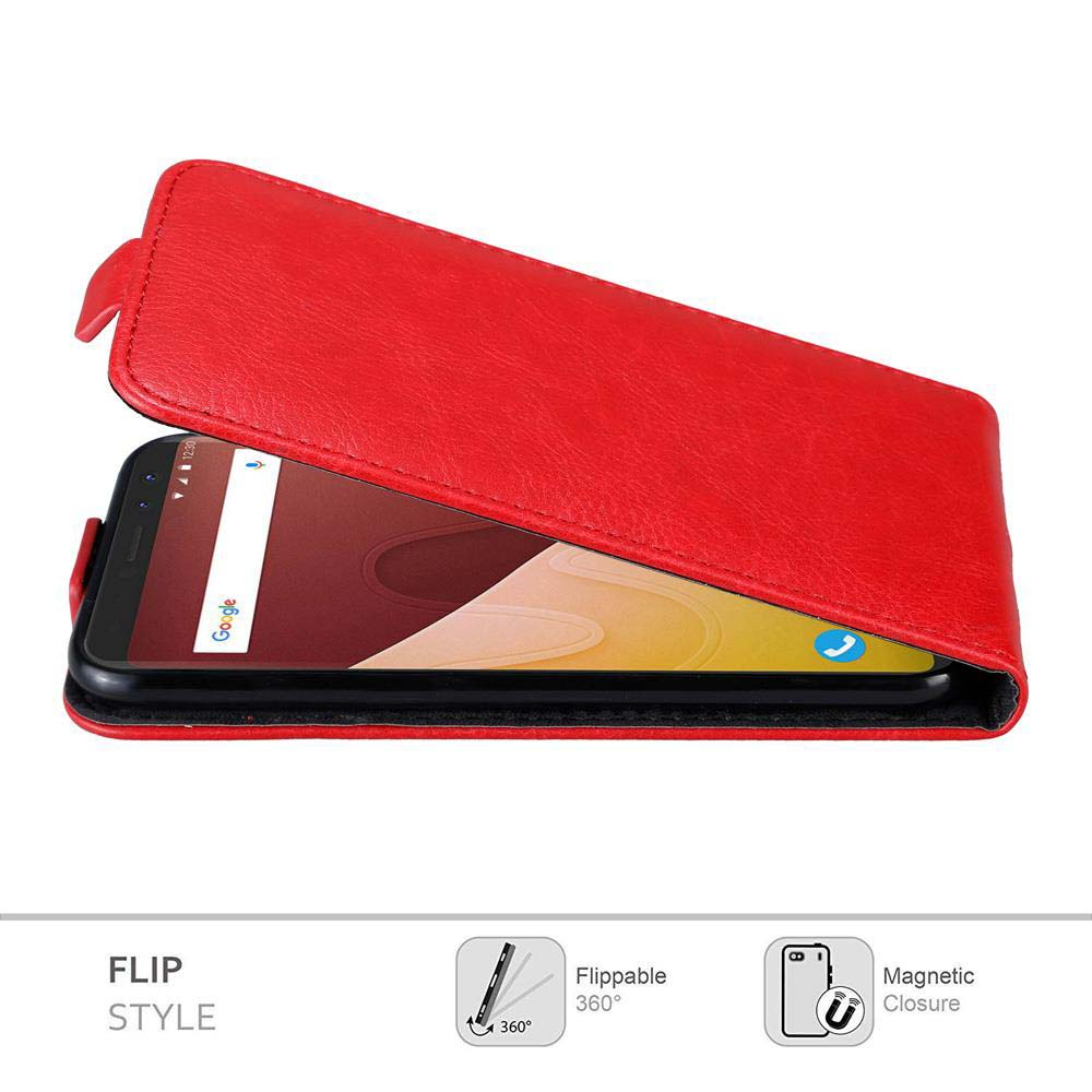 Rote Leder-Flip-Hülle, offen, mit Telefon innen. Merkmale sind ein klappbares Design und ein Magnetverschluss.