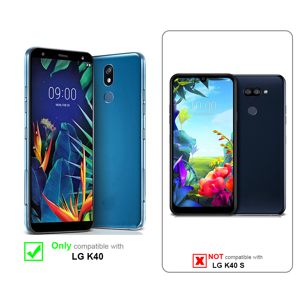 Vergleich von zwei Telefonen, eines in Blau, eines in Blau mit Text: Nur kompatibel mit LG K40. Weißer Hintergrund.