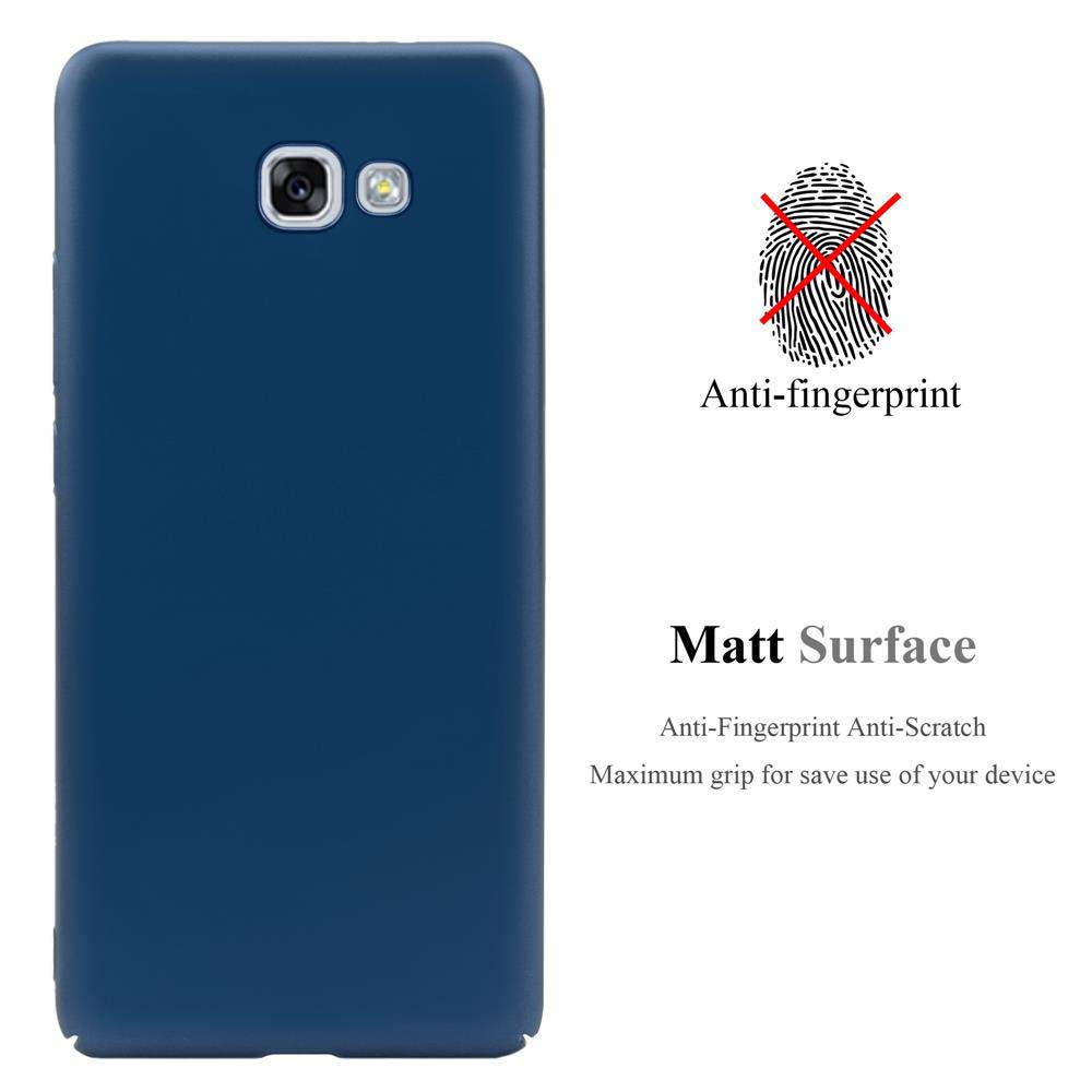 Custodia per telefono blu scuro. Anti-impronte, superficie opaca. Fotocamera del telefono visibile.