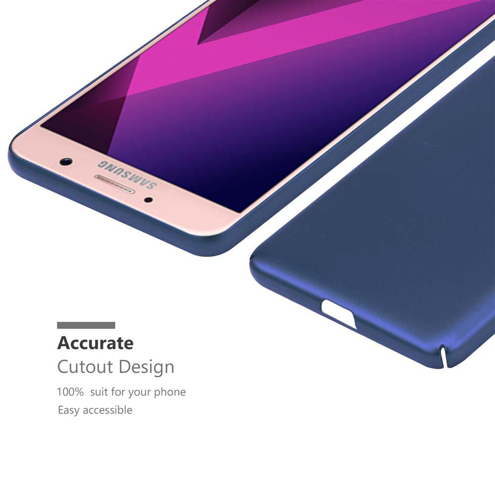 Custodia blu con telefono dentro. Testo: Design ritaglio accurato.