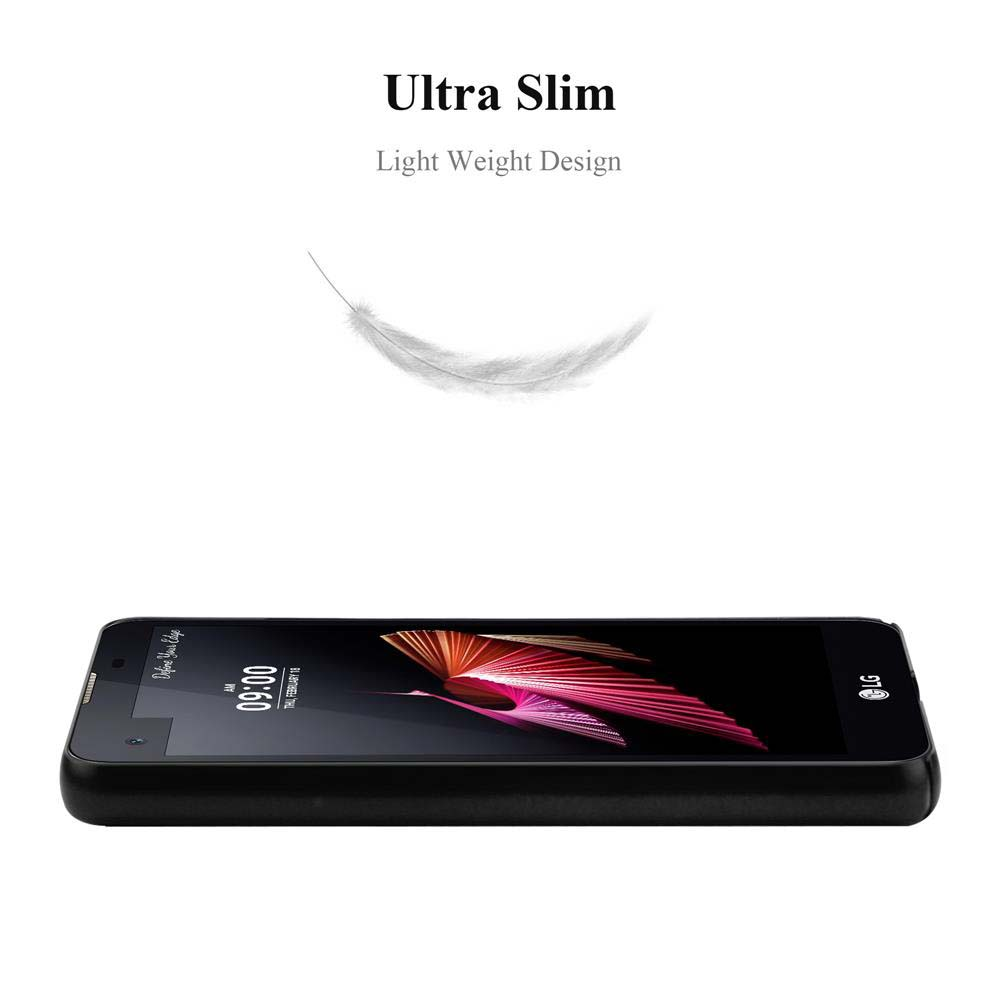 Ein schwarzes Telefon liegt flach, mit einer Feder, die darüber schwebt, ultradünnes Design.