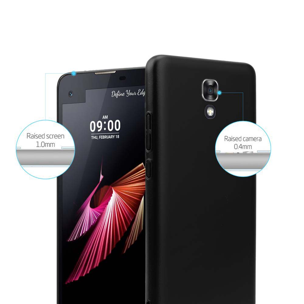 Schwarze Handyhülle mit Telefon, zeigt Bildschirm und Kamera. Etiketten zeigen erhöhten Bildschirm und Kamera.
