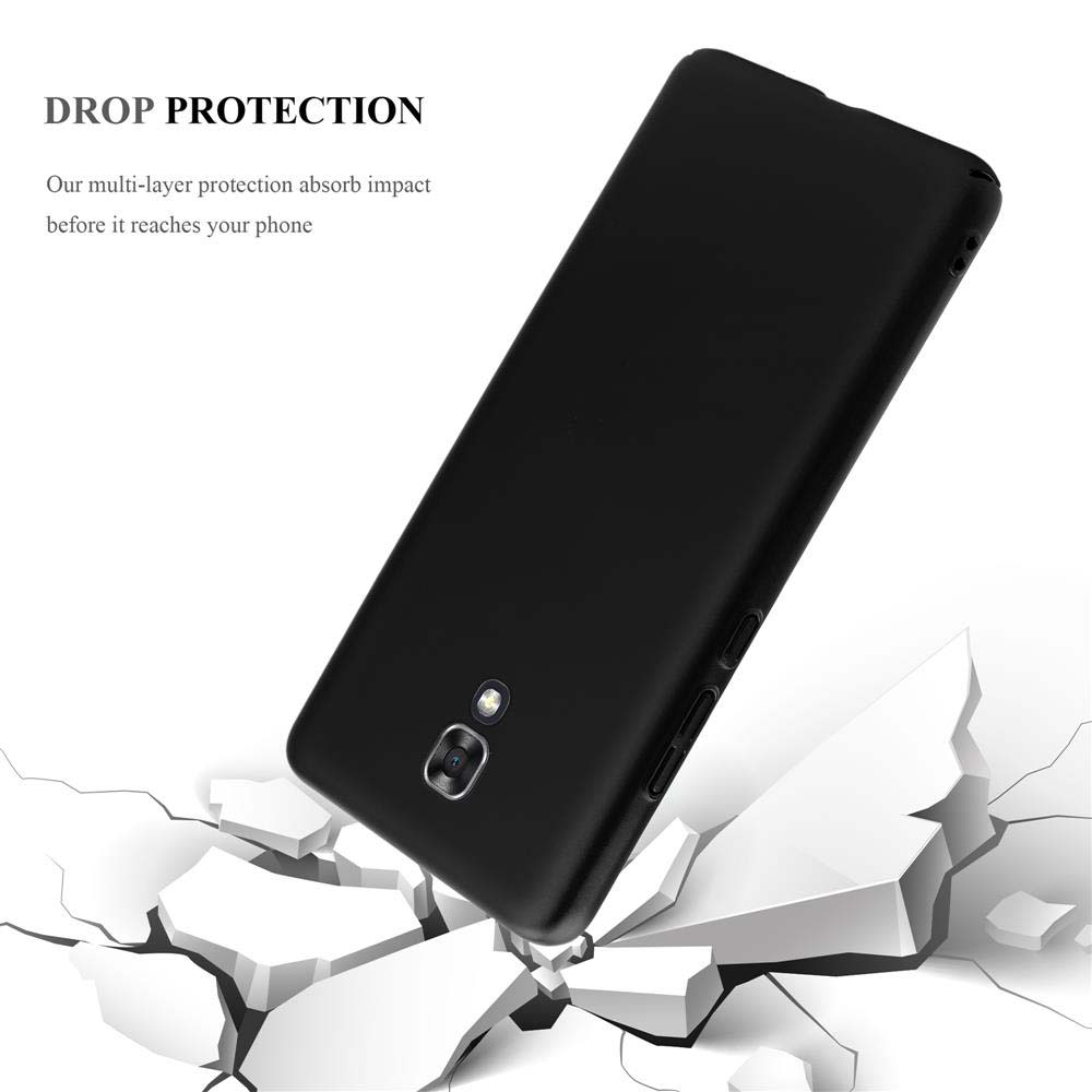 Eine schwarze Handyhülle mit einem Handy-Umriss. Das Handy liegt zerbrochen am Boden. Text 'DROP PROTECTION'.